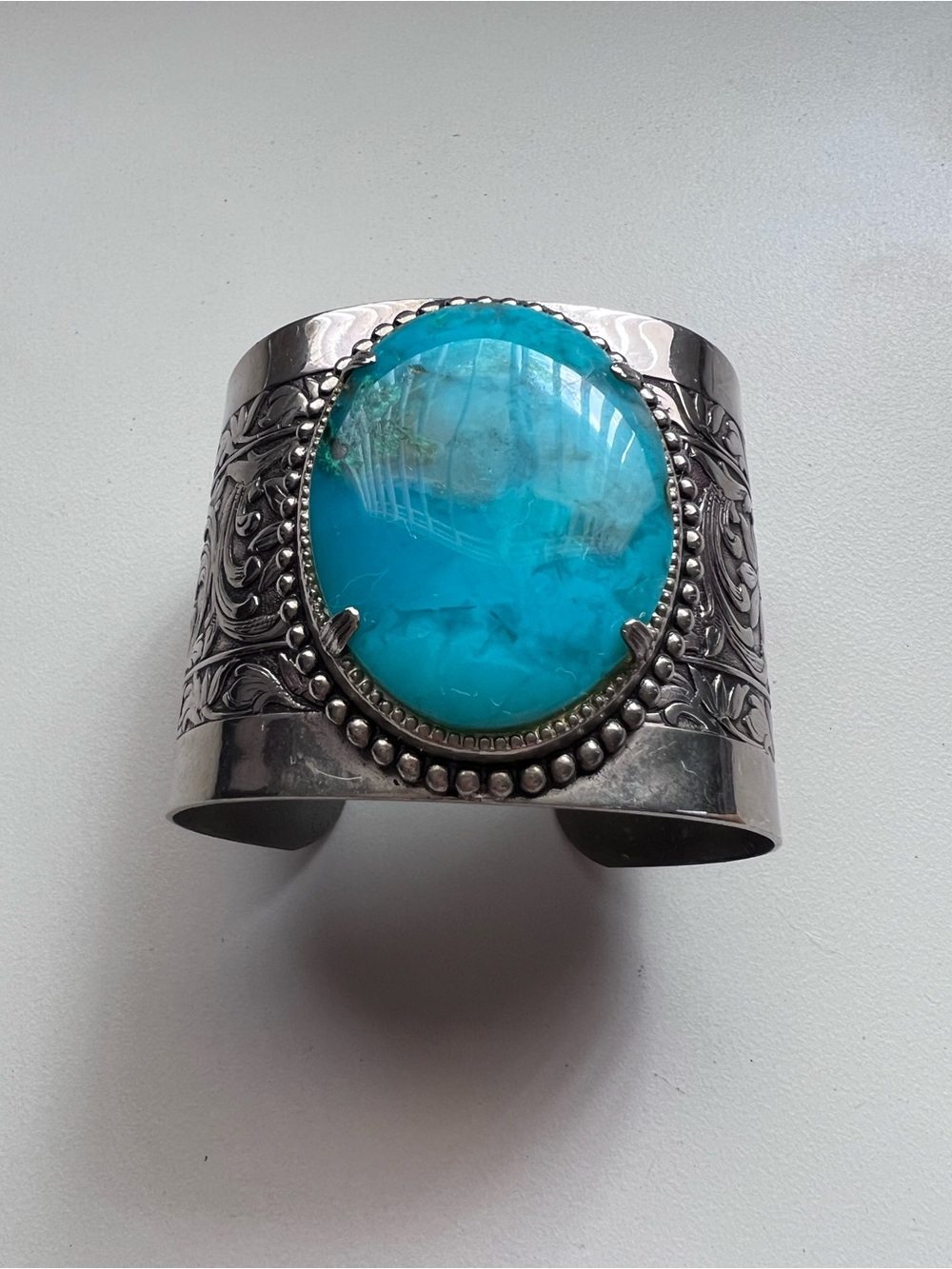 Vintage Engraved Sterling Silver Blue Gem Turquoise Wide Cuff Bracelet